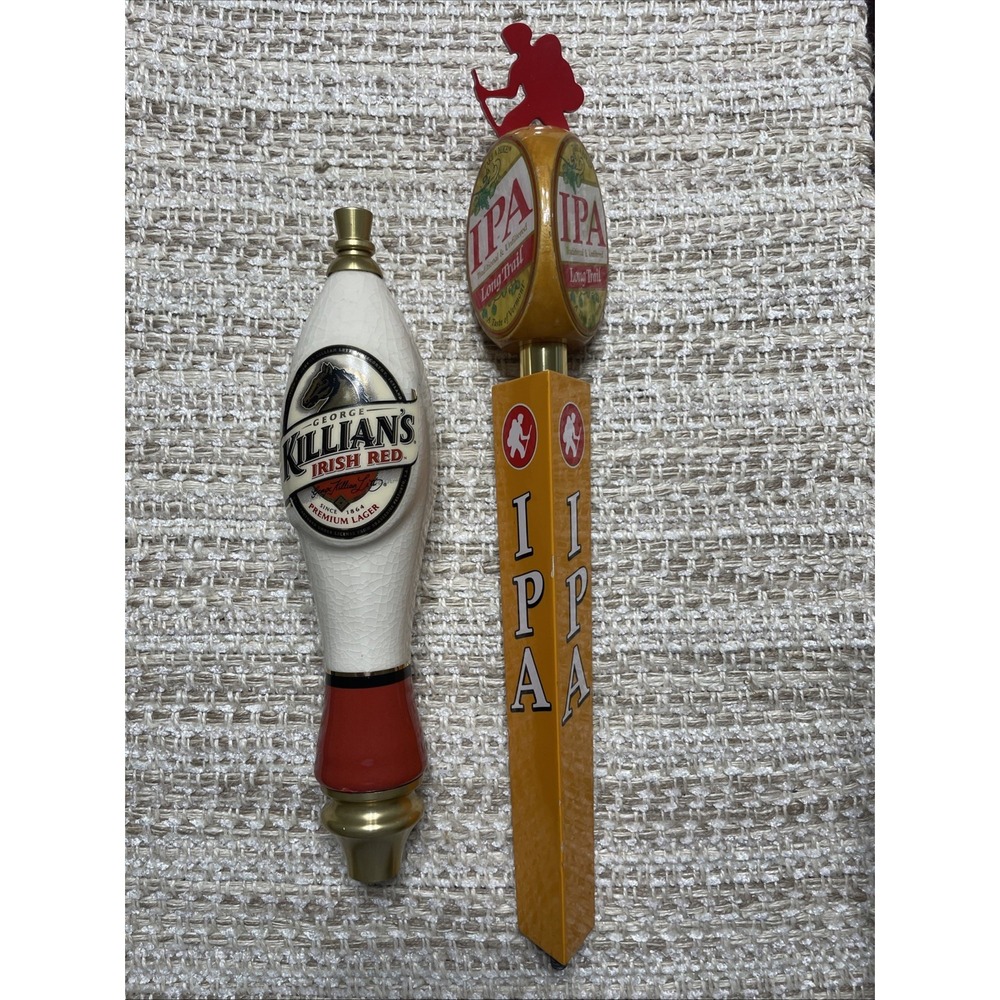 Two 12" Beer Tap Handles Ceramic George Killian's Irish Red Premium And Wood IPA